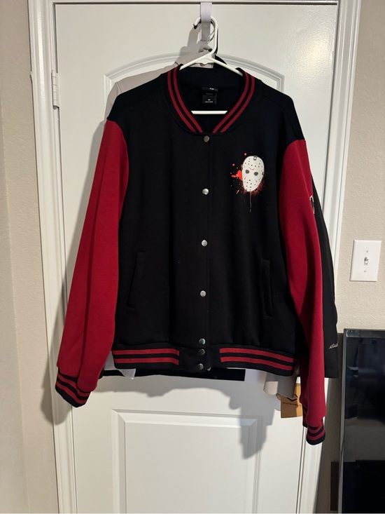 Friday The 13Th Other - Black & Burgundy Varsity Bomber Jacket with Jason Friday The 13th Graphics.